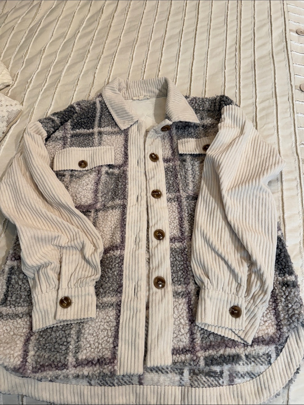 Cozy Plaid Corduroy Shacket - Cream & Gray